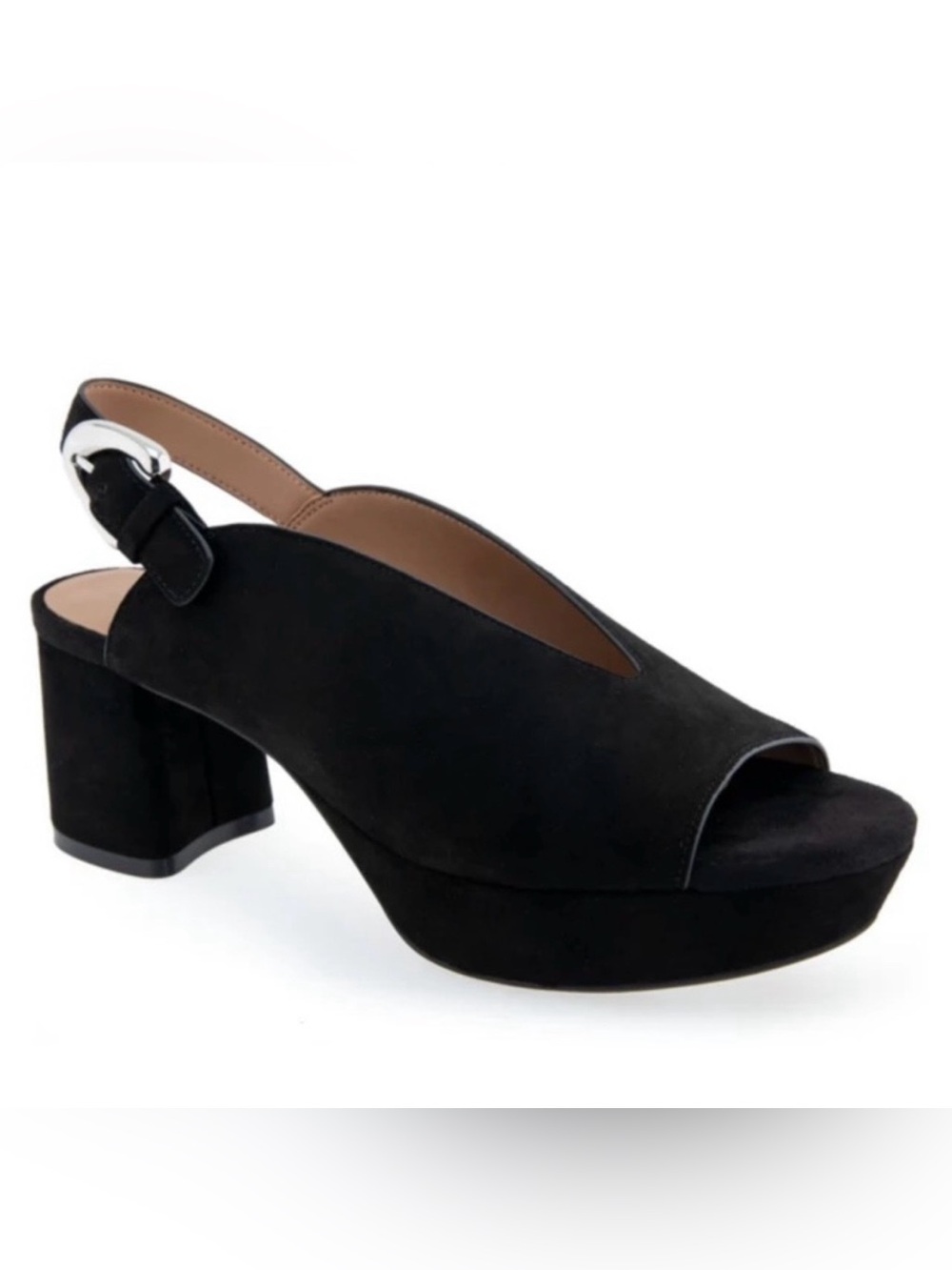 AEROSOLES Black Suede Slingback Sandals with Silver Buckle